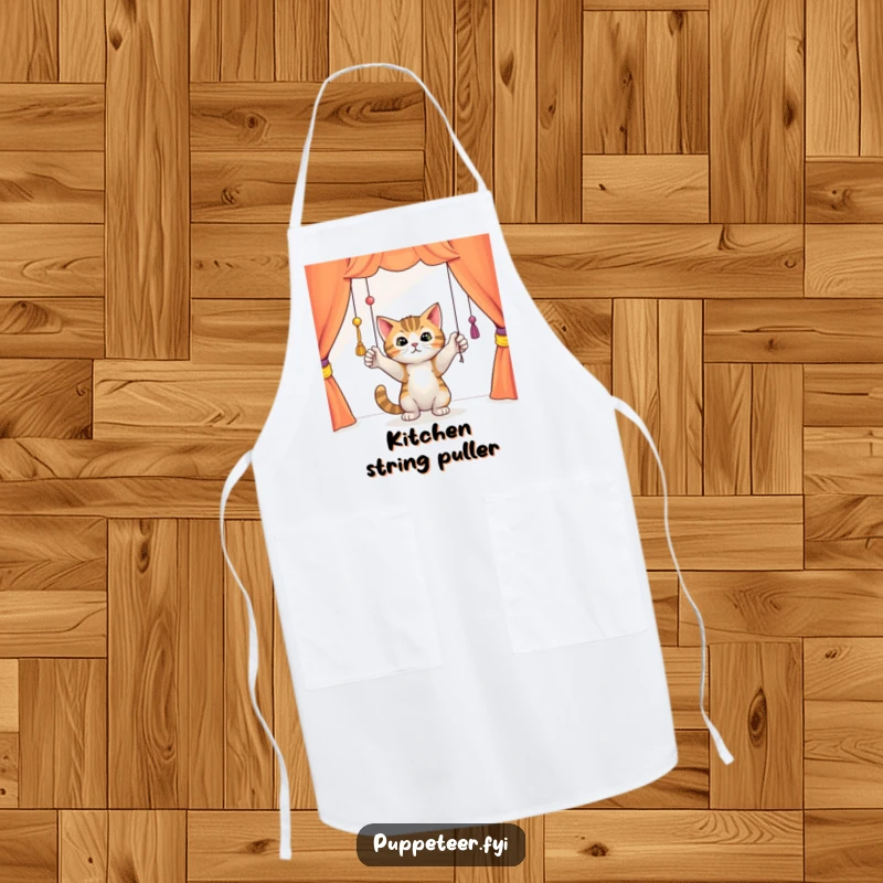 Funny curious cat batting playfully at dangling puppet strings in a colorful theater, durable kitchen apron, adding playful humor to cooking.