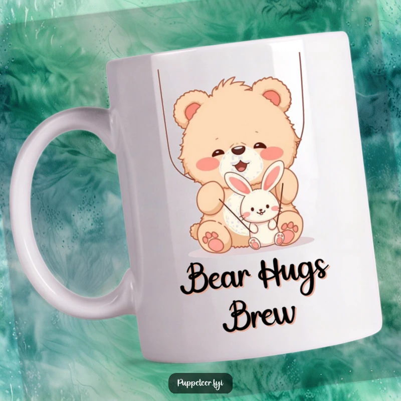 Funny fluffy bear cub joyfully manipulating strings of a smaller, smiling bunny puppet on a mug, cute and humorous.