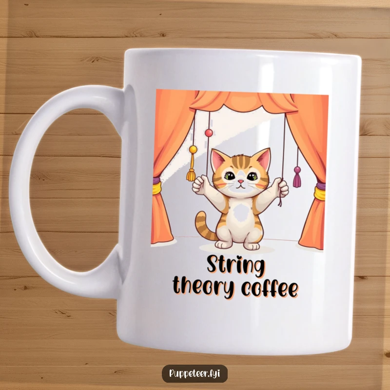 Funny curious cat batting playfully at dangling puppet strings in a colorful theater on a mug, showing playful feline antics.