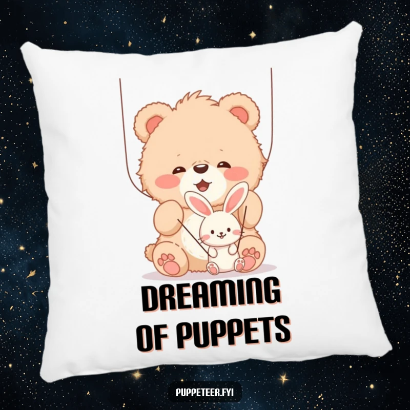 Funny fluffy bear cub joyfully manipulating strings of a smaller, smiling bunny puppet, soft decorative pillow, bringing whimsical charm.