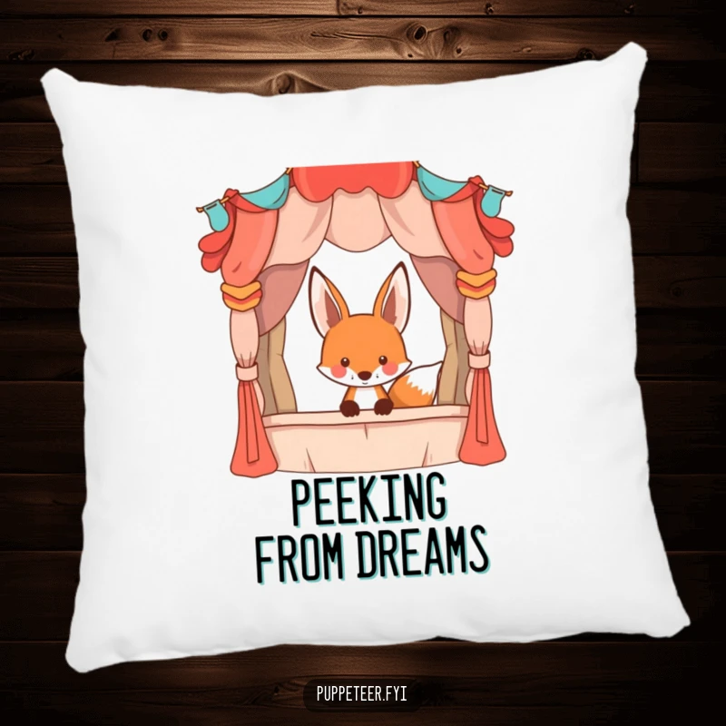 Funny playful fox peeking from behind a large, whimsical puppet stage, soft decorative pillow, bringing theatrical intrigue to comfort.
