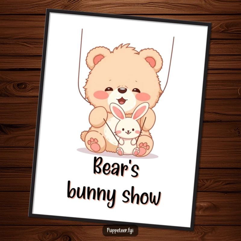 Funny fluffy bear cub joyfully manipulating strings of a smaller, smiling bunny puppet, printable digital art, bringing whimsical charm to walls.