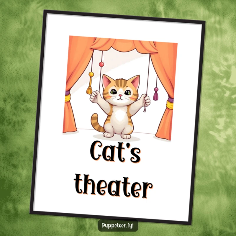 Funny curious cat batting playfully at dangling puppet strings in a colorful theater, printable digital art, bringing playful feline charm.