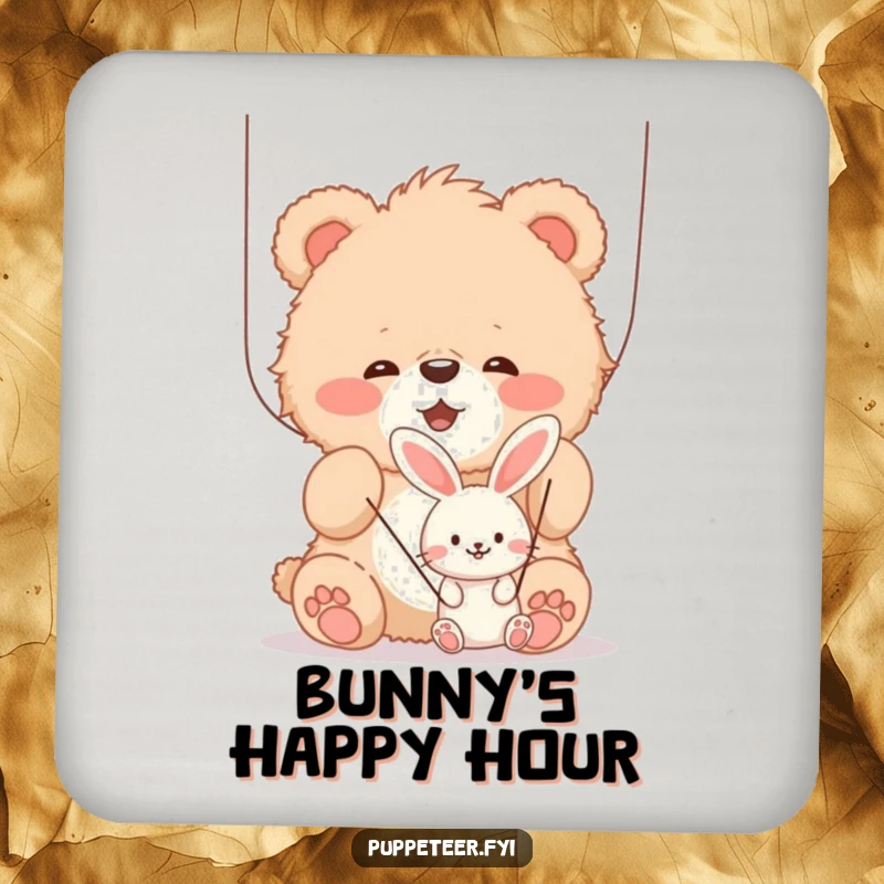 Funny fluffy bear cub joyfully manipulating strings of a smaller, smiling bunny puppet, set of drink coasters, adding playful decor.