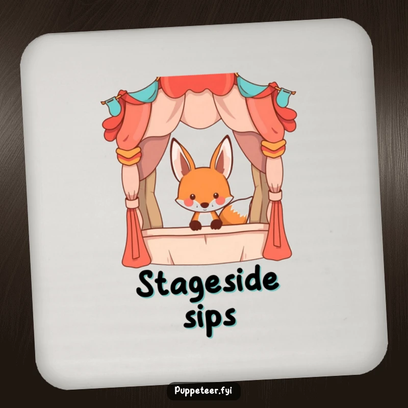 Funny playful fox peeking from behind a large, whimsical puppet stage, set of drink coasters, adding theatrical flair to tabletops.