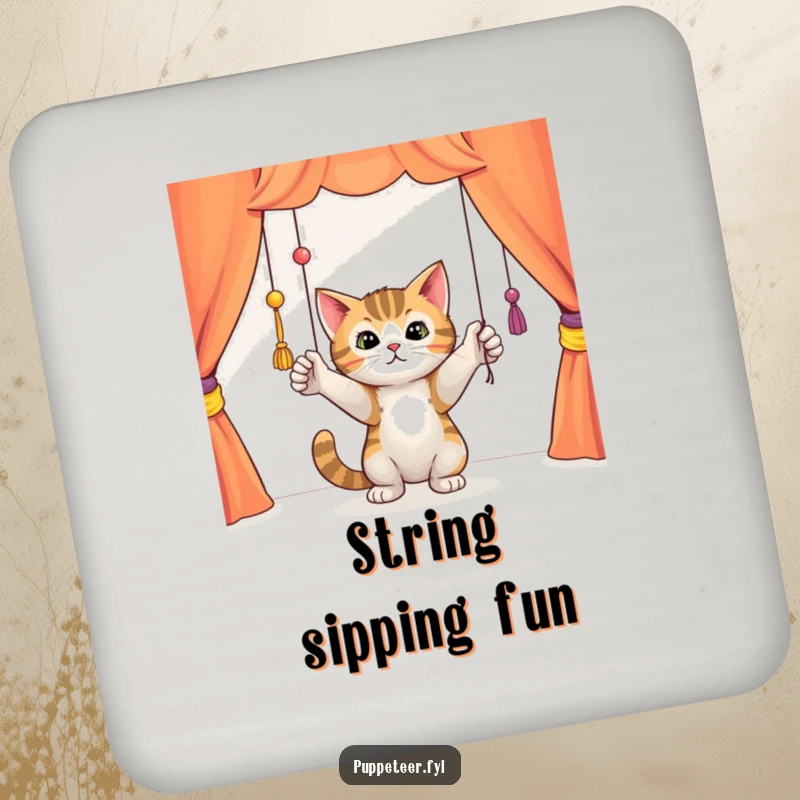 Funny curious cat batting playfully at dangling puppet strings in a colorful theater, set of drink coasters, adding playful feline charm.