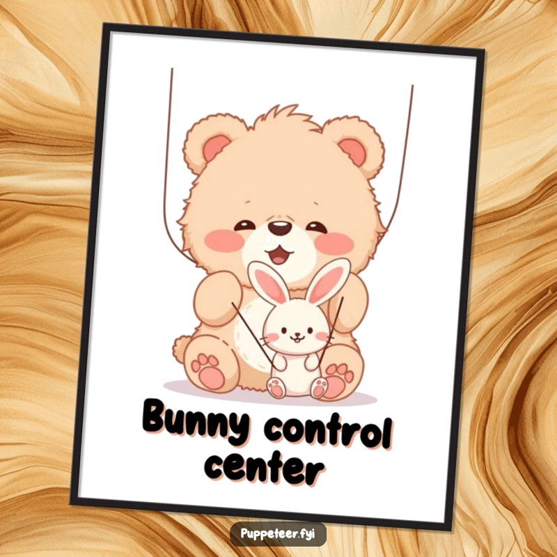 Funny fluffy bear cub joyfully manipulating strings of a smaller, smiling bunny puppet, humorous wall art, perfect for adding charm.