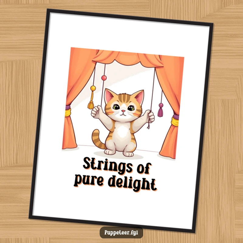 Funny Free Printable Wall Art: A curious cat batting playfully at colorful dangling puppet strings in a theater.