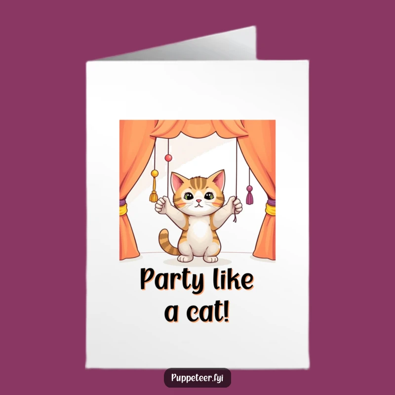 Free Printable Birthday Card: Cat Puppet Strings Fun, Funny Downloadable Gift for Cat Lovers