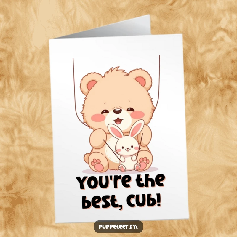 Funny Free Printable Congratulations Card: A bear cub joyfully operating a smiling bunny puppet, celebrating victory.