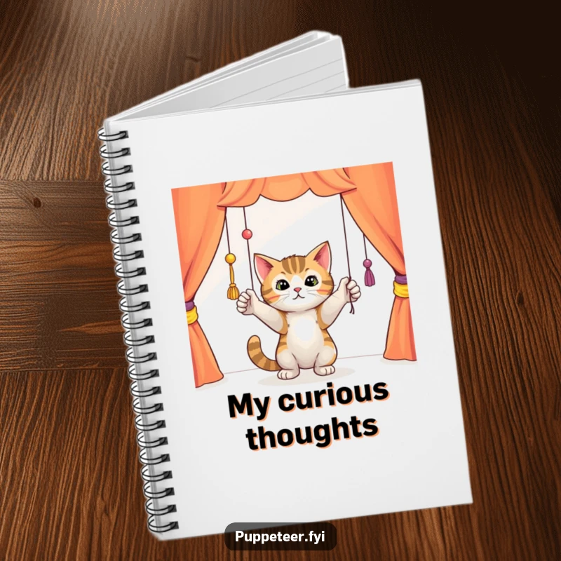 Funny curious cat batting playfully at dangling puppet strings in a colorful theater, lined notebook cover, ideal for creative writers.