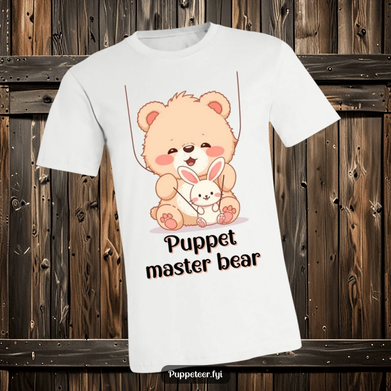 Funny fluffy bear cub joyfully manipulating strings of a smaller, smiling bunny puppet, graphic tee shirt, showcasing delightful puppetry.