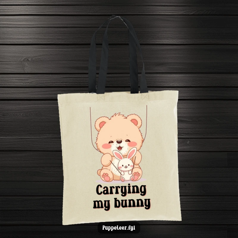 Funny fluffy bear cub joyfully manipulating strings of a smaller, smiling bunny puppet, durable tote bag, ideal for carrying items with humor.