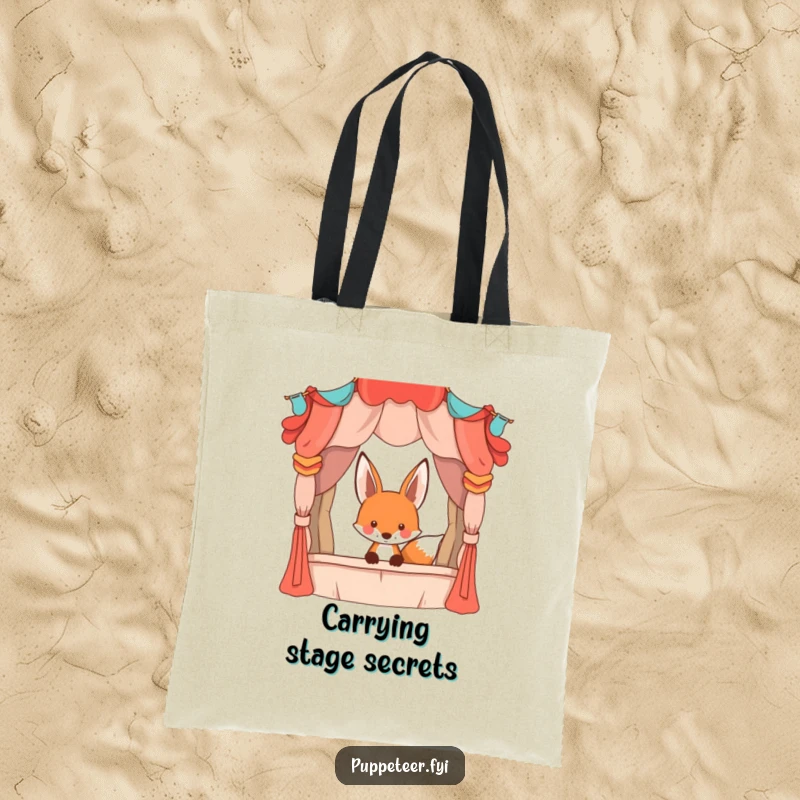 Funny playful fox peeking from behind a large, whimsical puppet stage, durable tote bag, ideal for carrying theater essentials humorously.